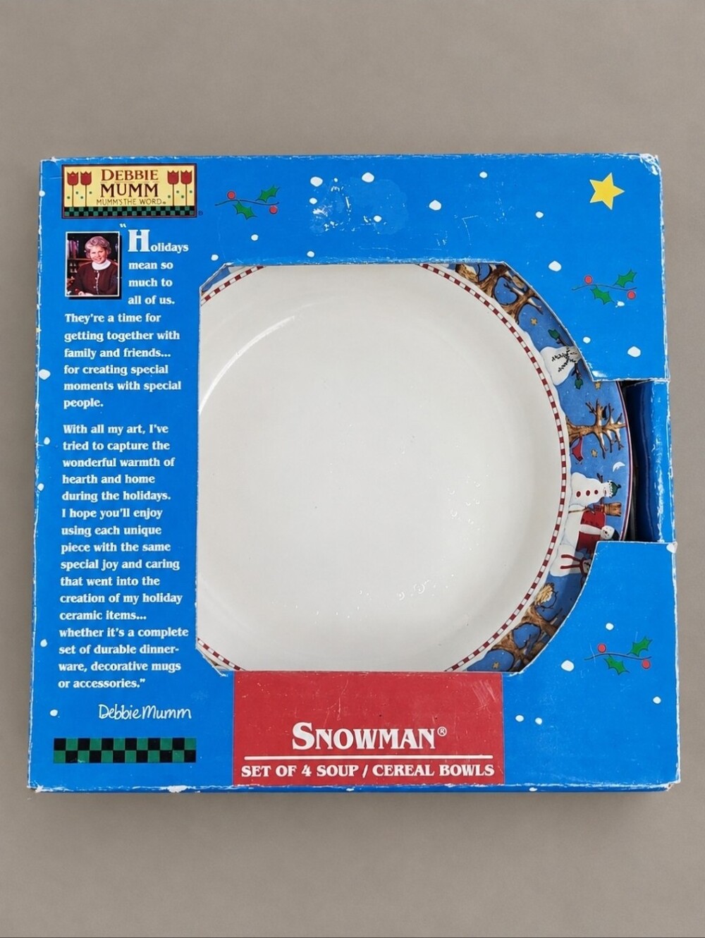 NOS Debbie Mumm Snowman Soup Cereal Bowls Set of 4 Sakura Oneida